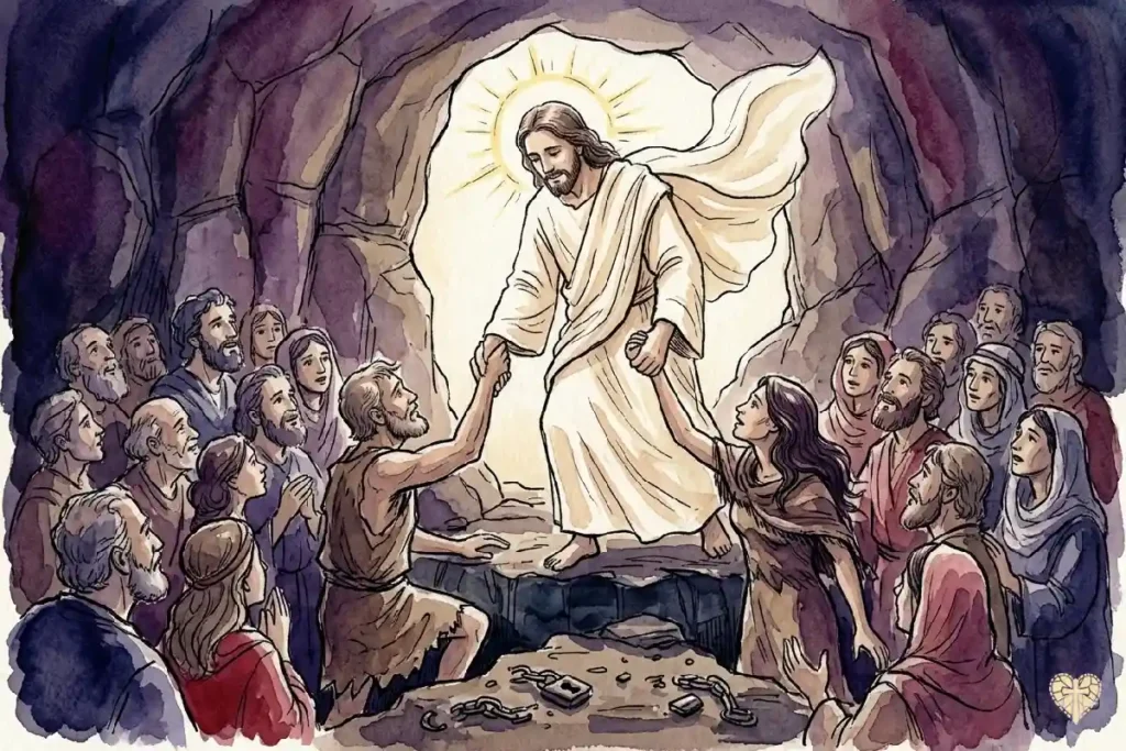 Representación de Cristo descendiendo a los infiernos para liberar a los justos el Sábado Santo