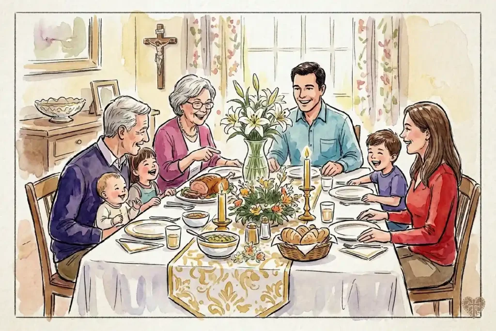 Familia católica celebrando la comida del Domingo de Pascua en un hogar decorado