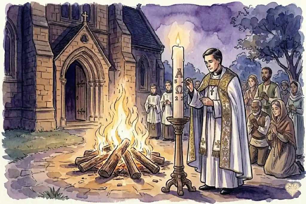 Bendición del Fuego Nuevo y el Cirio Pascual al inicio de la Vigilia Pascual