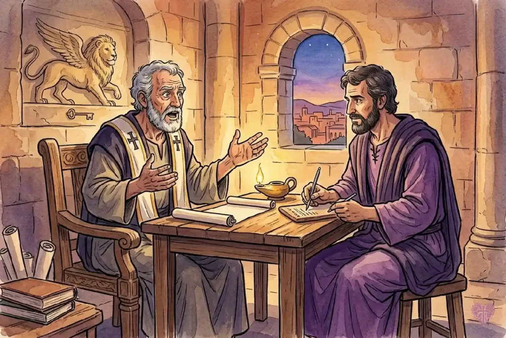 San Marcos escuchando las predicaciones de San Pedro en Roma para escribir su Evangelio