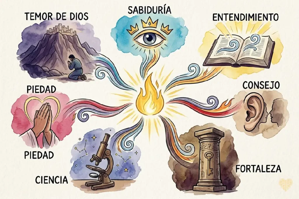 Infografía simbólica de los siete dones del Espíritu Santo: Sabiduría, Fortaleza, Piedad