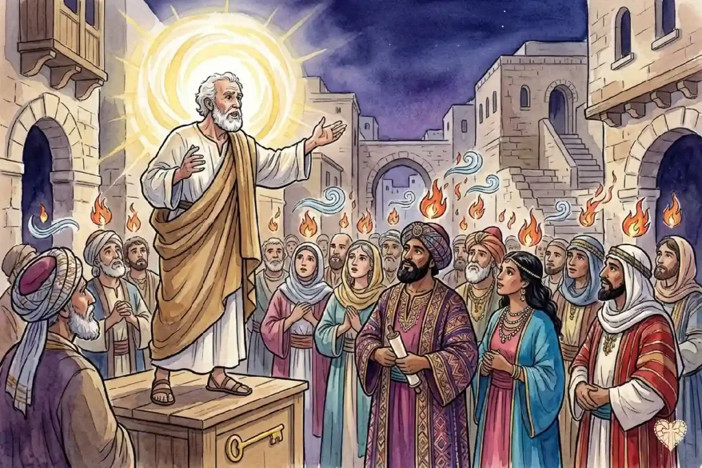 San Pedro predicando en Jerusalén el día de Pentecostés, con el don de lenguas