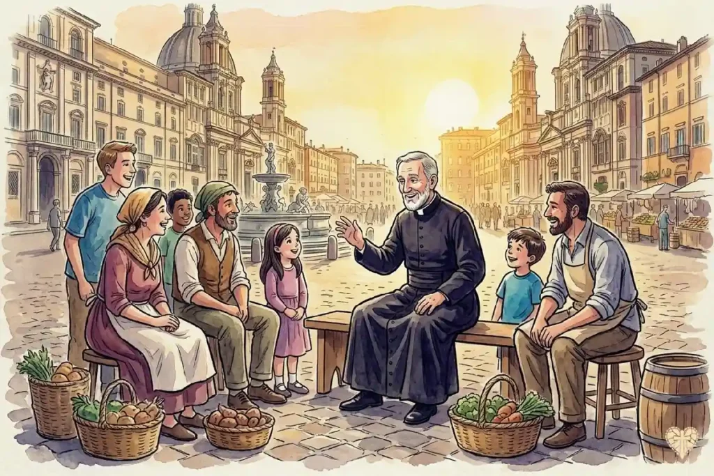 San Felipe Neri realizando su apostolado de calle en los mercados de Roma
