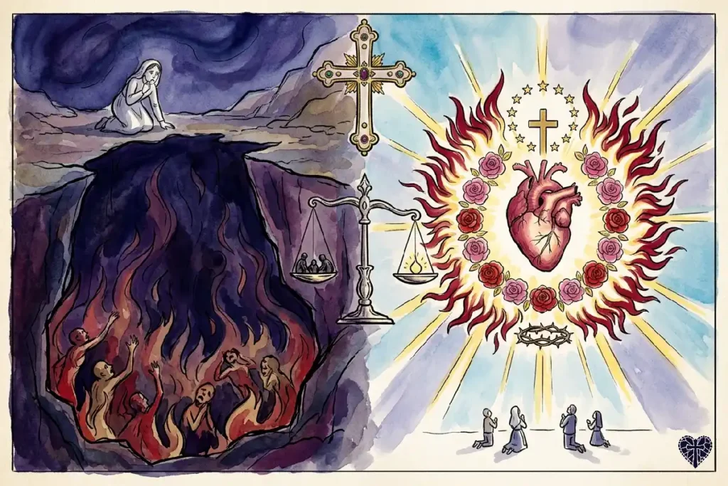 Representación simbólica de los secretos de Fátima: la visión del infierno y el Inmaculado Corazón de María